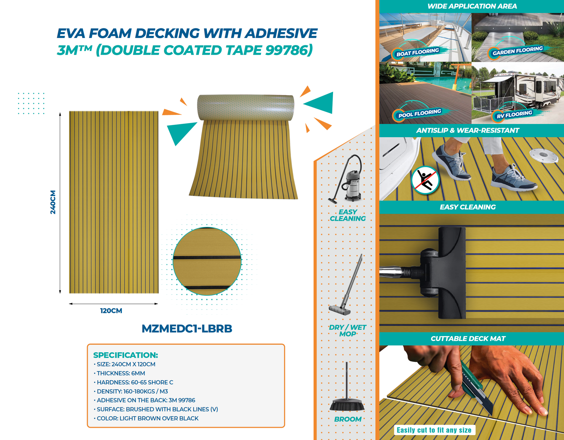 EVA Foam Decking Sheet with 3M™ adhesive – durable, waterproof, non-slip decking material for boats and outdoor use. Provides cushioning, UV resistance, and easy peel-and-stick installation for enhanced safety and comfort on marine decks and walkways.