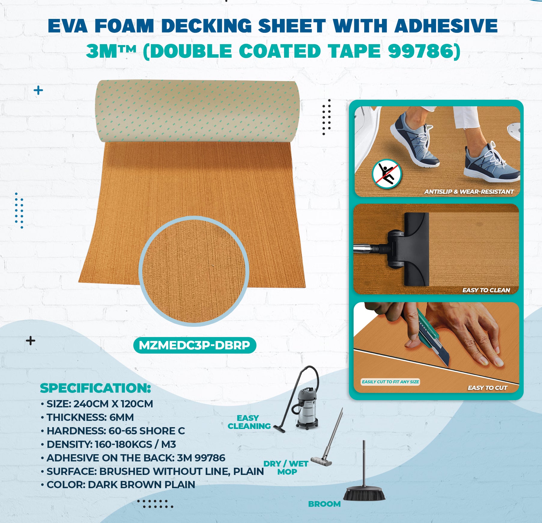 EVA Foam Decking Sheet with 3M™ adhesive – durable, waterproof, non-slip decking material for boats and outdoor use. Provides cushioning, UV resistance, and easy peel-and-stick installation for enhanced safety and comfort on marine decks and walkways.

