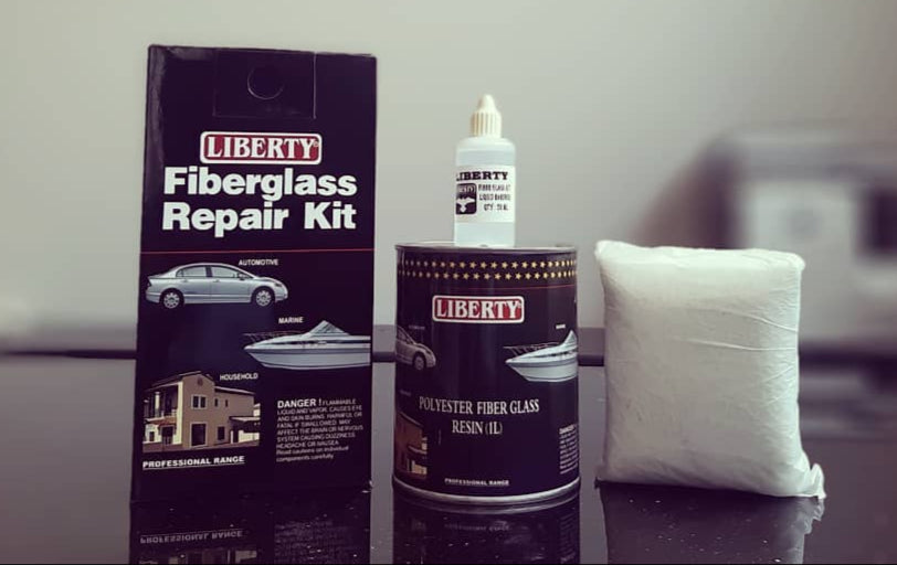 Liberty Fiberglass Repair Kit with fiberglass cloth, resin & hardener, gloves, mixing sticks, and brush – ideal for patching cracks, holes, and structural damage on boats, cars, tubs, RVs and more; includes all tools for easy fiberglass repair.

