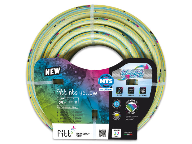 FITT NTS 6-layer garden hose with anti-twist NTS® technology, SKY TECH® abrasion-resistant surface, and black anti-algae inner layer. UV and extreme temperature resistant (-20°C to +60°C). Ideal for tough gardening, washing, and cleaning tasks. Backed by a 30-year warranty.