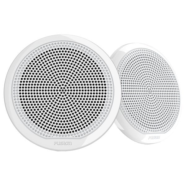 FUSION® EL Series 6.5" 80W Classic White Marine Speaker with a clean grille design, engineered for marine use. Features a shallow-mount profile, IP65 waterproof and UV-resistant housing, ideal for compact installations on boats, pontoons, and watercraft.

