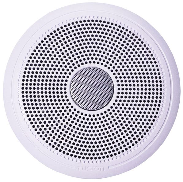 Pair of FUSION® XS Series 6.5" 200W Classic Marine Speakers with classic white grilles, designed for clear marine audio. Features waterproof and UV-resistant construction, ideal for boats and marine environments requiring durable, stylish speaker solutions.

