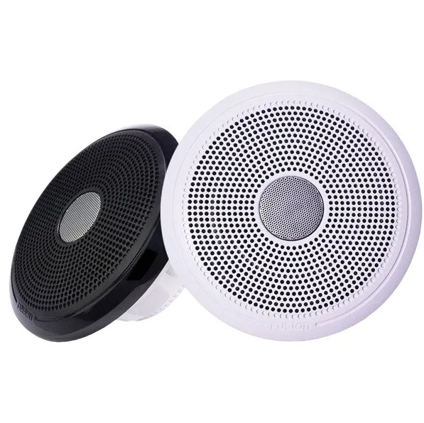 Pair of FUSION® XS Series 6.5" 200W Classic Marine Speakers with classic white grilles, designed for clear marine audio. Features waterproof and UV-resistant construction, ideal for boats and marine environments requiring durable, stylish speaker solutions.


