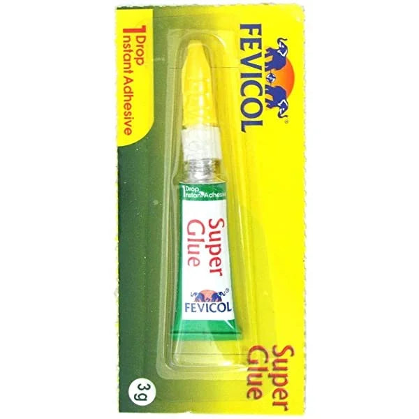 Fevicol Super Glue 3g x 4-Pack—fast-drying, high-strength adhesive ideal for quick repairs. Bonds plastic, metal, wood, rubber, ceramic, and more in seconds. Compact 3g tubes with precision nozzles for easy application—perfect for home, office, or DIY use.