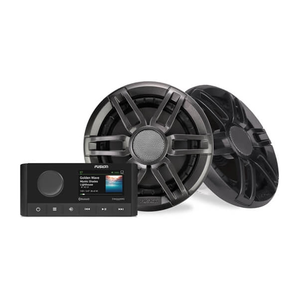 Fusion® Stereo and Speaker Kit featuring the MS-RA210 marine stereo, 6.5" XS Series sports gray marine speakers, stealth antenna, speaker wires, dust cover, power and audio harnesses, NMEA 2000® cable, and full mounting hardware for marine audio installations.
