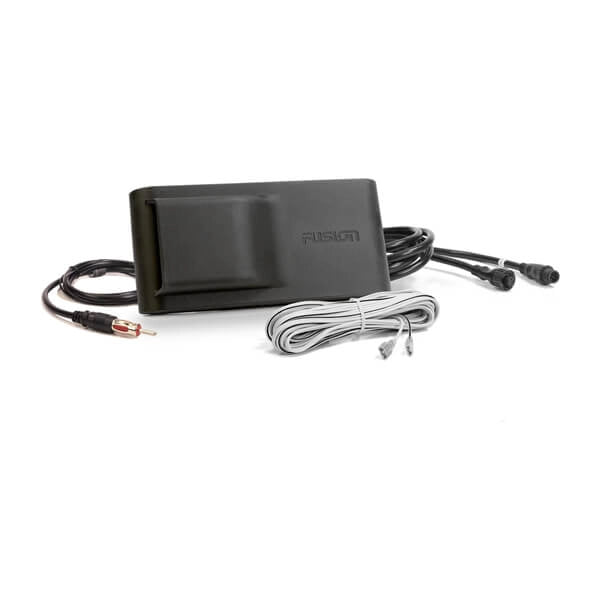 Fusion® Stereo and Speaker Kit featuring the MS-RA210 marine stereo, 6.5" XS Series sports gray marine speakers, stealth antenna, speaker wires, dust cover, power and audio harnesses, NMEA 2000® cable, and full mounting hardware for marine audio installations.