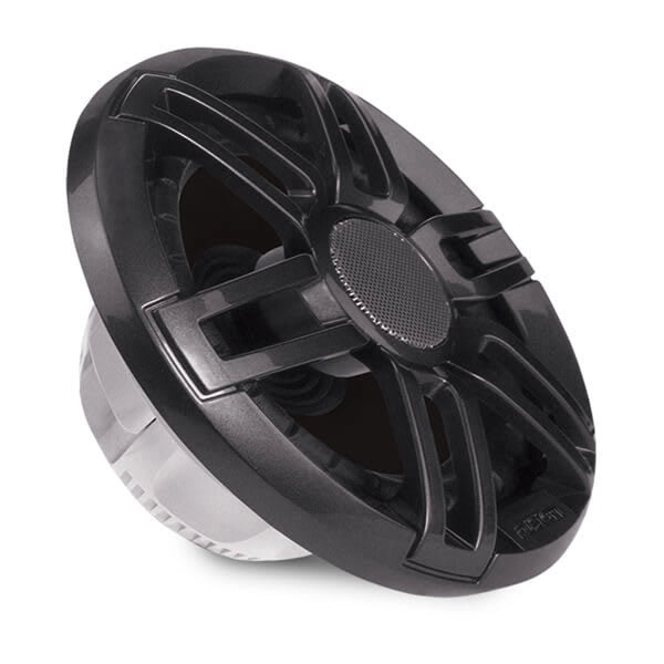 Fusion® Stereo and Speaker Kit featuring the MS-RA210 marine stereo, 6.5" XS Series sports gray marine speakers, stealth antenna, speaker wires, dust cover, power and audio harnesses, NMEA 2000® cable, and full mounting hardware for marine audio installations.

