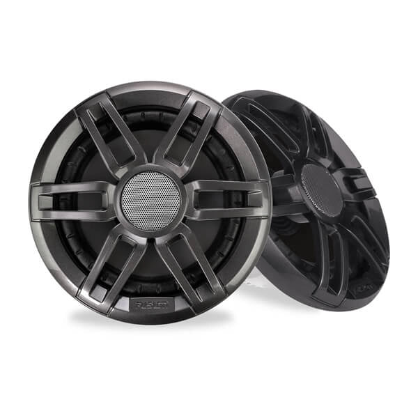 Fusion® Stereo and Speaker Kit featuring the MS-RA210 marine stereo, 6.5" XS Series sports gray marine speakers, stealth antenna, speaker wires, dust cover, power and audio harnesses, NMEA 2000® cable, and full mounting hardware for marine audio installations.

