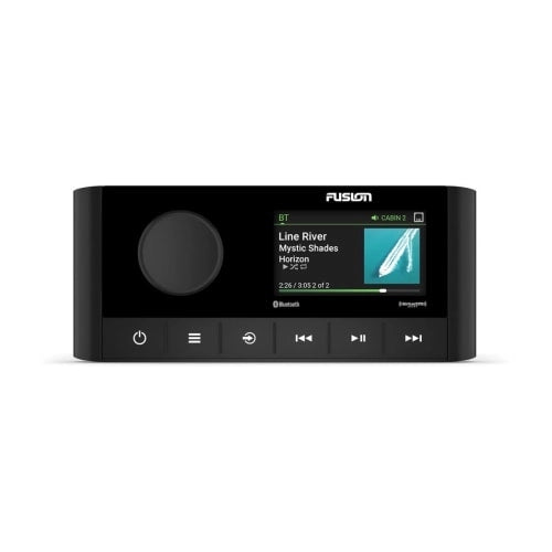 Fusion RA210 Marine Stereo featuring a 2.7" color LCD display, Bluetooth audio streaming, SiriusXM compatibility, and Digital Signal Processing (DSP). Designed for marine environments with dual-zone control and NMEA 2000 integration.

