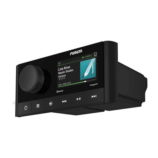 Fusion RA210 Marine Stereo featuring a 2.7" color LCD display, Bluetooth audio streaming, SiriusXM compatibility, and Digital Signal Processing (DSP). Designed for marine environments with dual-zone control and NMEA 2000 integration.

