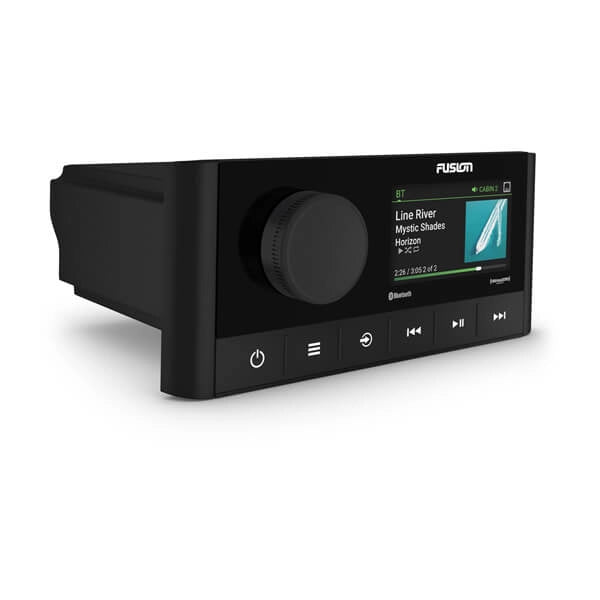 Fusion RA210 Marine Stereo featuring a 2.7" color LCD display, Bluetooth audio streaming, SiriusXM compatibility, and Digital Signal Processing (DSP). Designed for marine environments with dual-zone control and NMEA 2000 integration.

