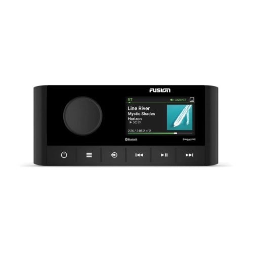 Fusion RA210 Marine Stereo featuring a 2.7" color LCD display, Bluetooth audio streaming, SiriusXM compatibility, and Digital Signal Processing (DSP). Designed for marine environments with dual-zone control and NMEA 2000 integration.

