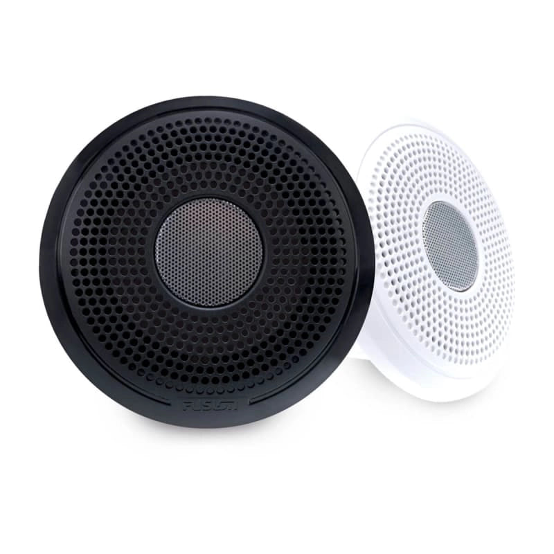Pair of Fusion® XS-F40CWB 4" marine speakers featuring interchangeable classic black and white grilles, engineered for clear audio and marine durability. Compact, waterproof, and UV-resistant design ideal for boats, yachts, and outdoor marine environments.

