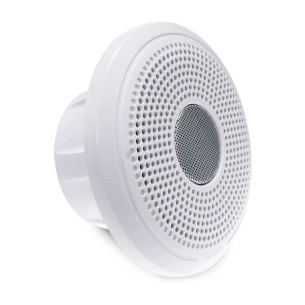 Pair of Fusion® XS-F40CWB 4" marine speakers featuring interchangeable classic black and white grilles, engineered for clear audio and marine durability. Compact, waterproof, and UV-resistant design ideal for boats, yachts, and outdoor marine environments.

