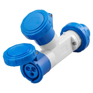 GEWISS socket GW64010 – 16A 2P+E inlet with dual 16A 2P+E IP67 outlets. Designed for secure, waterproof power connections in marine, industrial, and outdoor environments. Compact and efficient power distribution. Available at Rimal Marine.