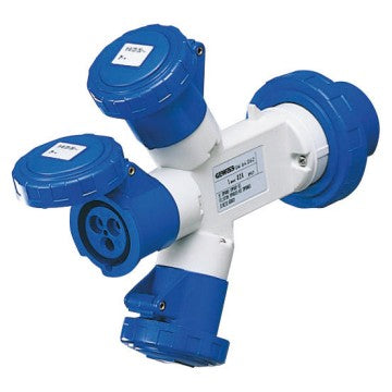 GEWISS adaptor GW64062 – 32A 2P+E 230V IP67 inlet with 3×16A 2P+E outlets. Heavy-duty, waterproof triple outlet plug designed for industrial and marine applications requiring safe and efficient power distribution. Available at Rimal Marine.