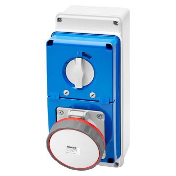 GEWISS industrial socket 63A, 3P+N+E, IP67-rated, model GW67253N with integrated fuseholder base for secure electrical connections in marine, construction, and industrial sectors. Ensures weatherproof, safe performance. Available in Rimal Marine.

