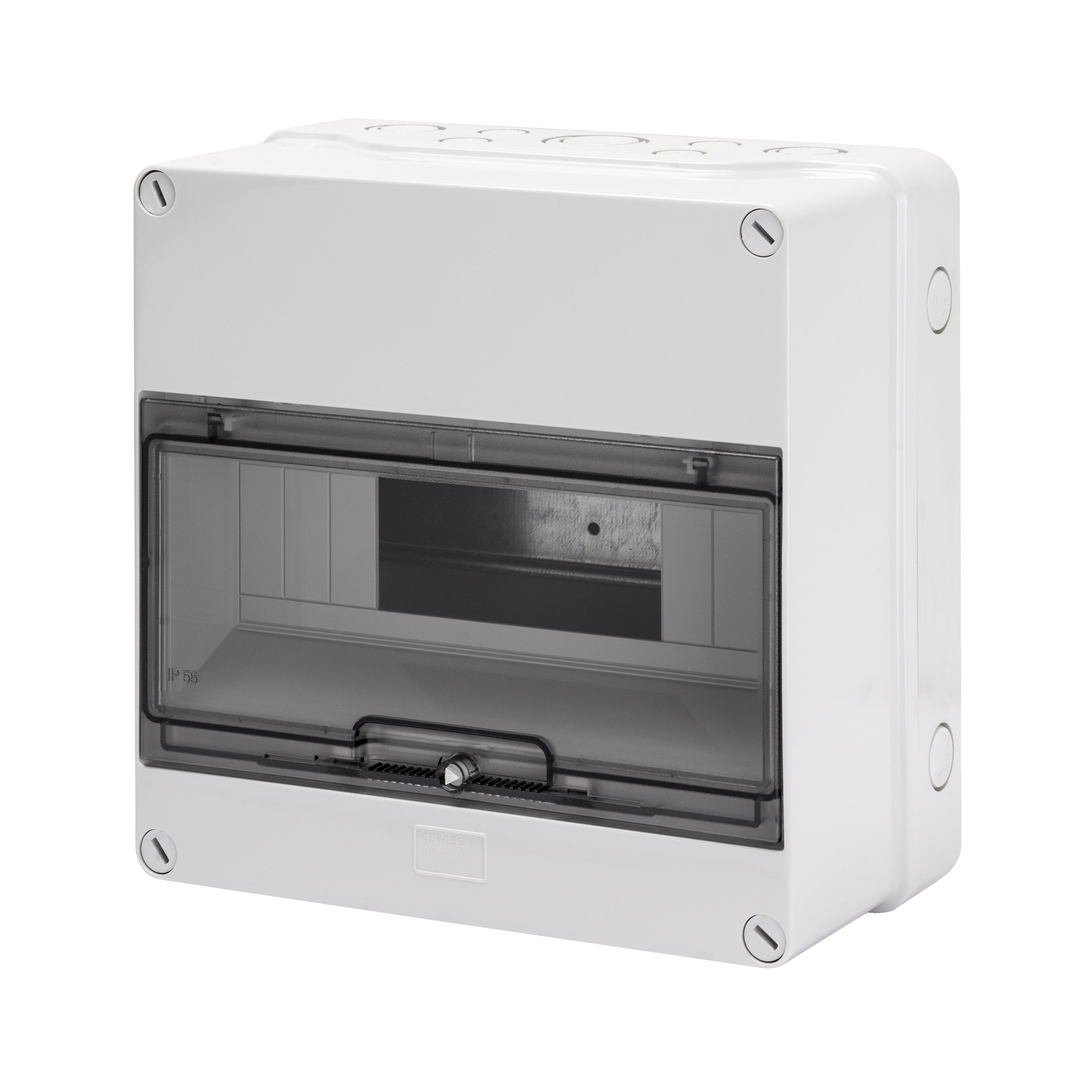 GEWISS ENCLOSURE 12M IP55 GW40005 – surface-mounted box pre-arranged for terminal blocks and breakers. Features IP55 protection, 12-module capacity, and durable build for marine, outdoor, or industrial use. Easy to wire and install. Available at Rimal Marine.