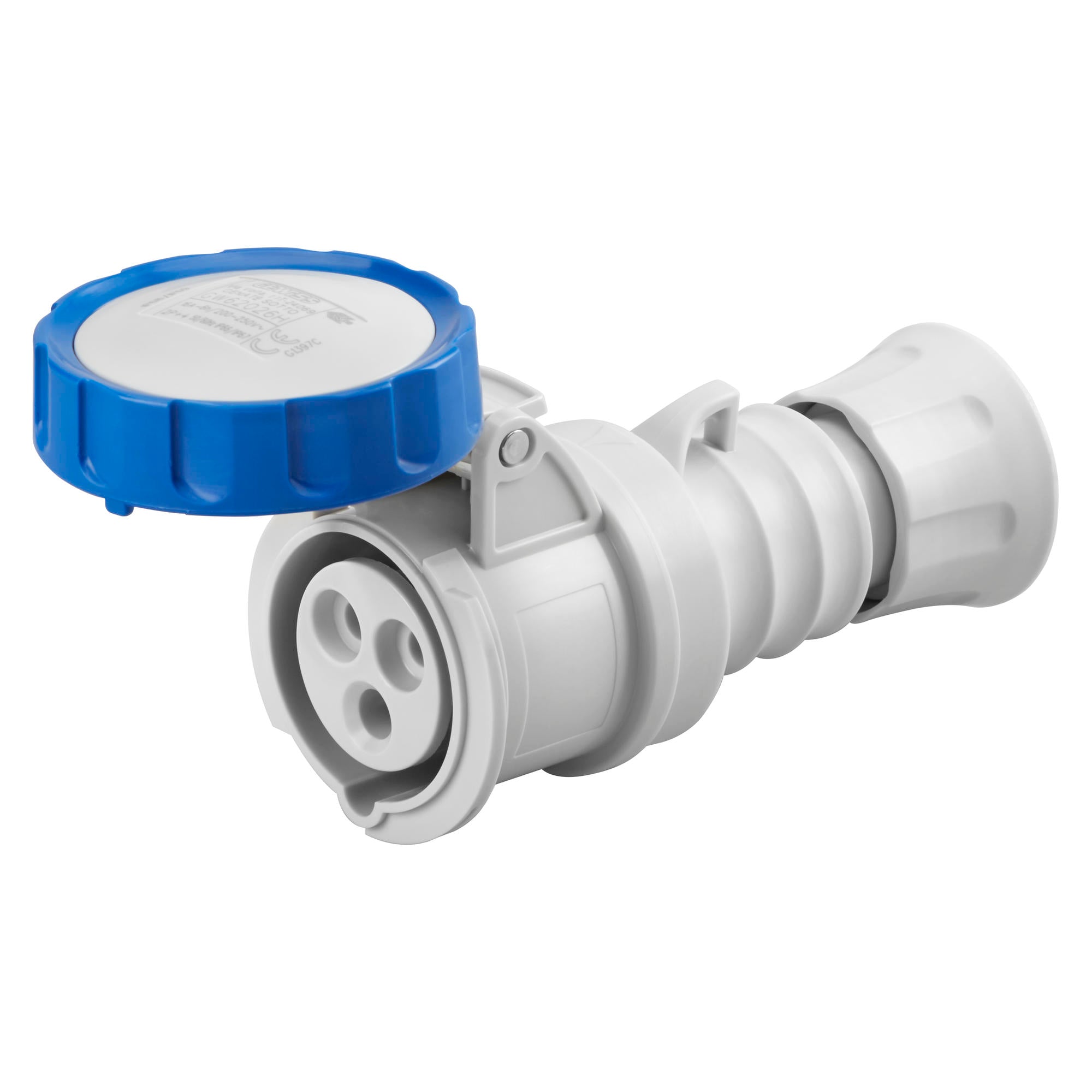GEWISS GW62026H connector with Quick Fix design, rated 16A, 2P+E, 230V, and IP67 waterproof protection. Ideal for compact industrial and marine electrical systems requiring safe, secure, and fast connections. Durable, impact-resistant build for reliable performance in harsh environments. Supplied by Rimal Marine.