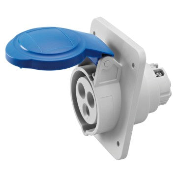 GEWISS GW62216H socket rated 32A, 2P+E, 230V with IP44 splash-proof design and Quick Fix panel mounting for fast, secure installation. Designed for industrial and commercial environments needing reliable, weather-resistant electrical connections. Supplied by Rimal Marine.

