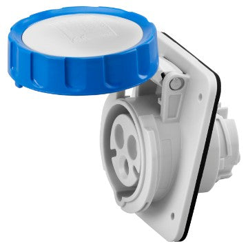 GEWISS GW62238H socket rated 32A, 2P+E, 230V with IP67 waterproof housing and Quick Fix panel mounting for fast, secure installation. Built for marine and industrial use requiring durable, weather-resistant electrical connections. Rugged and reliable construction. Supplied by Rimal Marine.