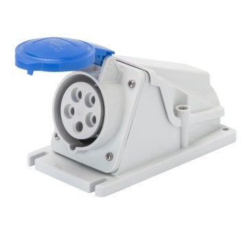 GEWISS GW62488 socket rated 32A, 2P+E, 220V with IP44 splash-proof design. Ideal for residential, commercial, and light industrial use requiring reliable and safe electrical connections with moderate protection from dust and water. Durable and sturdy construction. Supplied by Rimal Marine.

