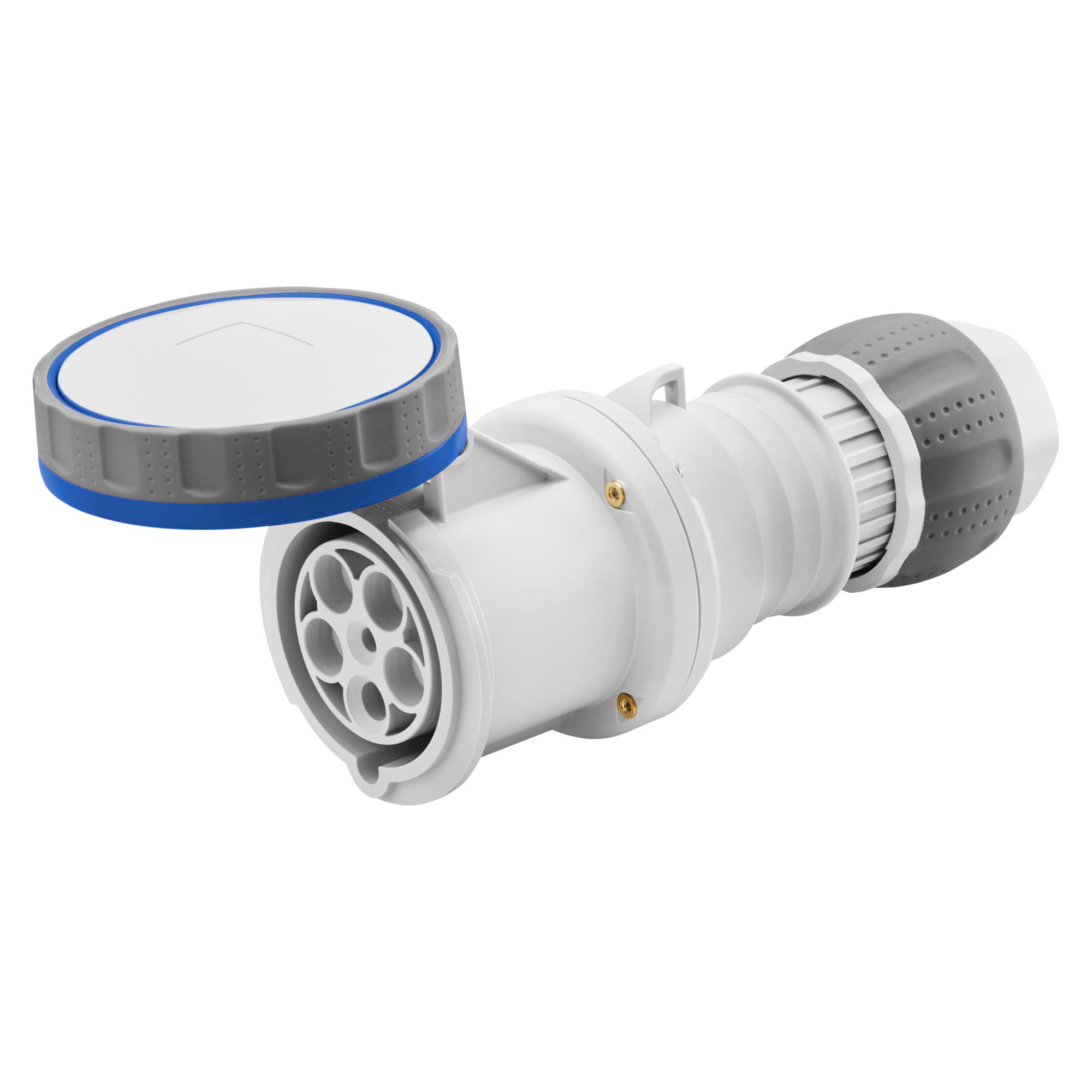 GEWISS GW63048H industrial connector rated 63A, 2P+E, 220V with IP67 waterproof protection and Quick Fix technology for rapid, tool-free installation. Built for marine, generator, and industrial systems requiring safe and high-current connections. Rugged design ensures lasting durability. Supplied by Rimal Marine.