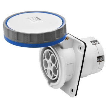 GEWISS GW63249H socket rated 63A, 2P+E, 220V with IP67 waterproof housing and Quick Fix panel mounting for fast, secure installation. Designed for marine and industrial use requiring durable, weather-resistant, reliable electrical connections. Supplied by Rimal Marine.

