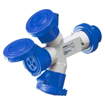 GEWISS GW64024 triple outlet socket with 16A 2P+E 230V inlet and three 16A 2P+E 230V outlets. Features IP67 waterproof housing for secure, weatherproof power distribution in marine and industrial environments. Durable, reliable, and easy to install. Supplied by Rimal Marine.