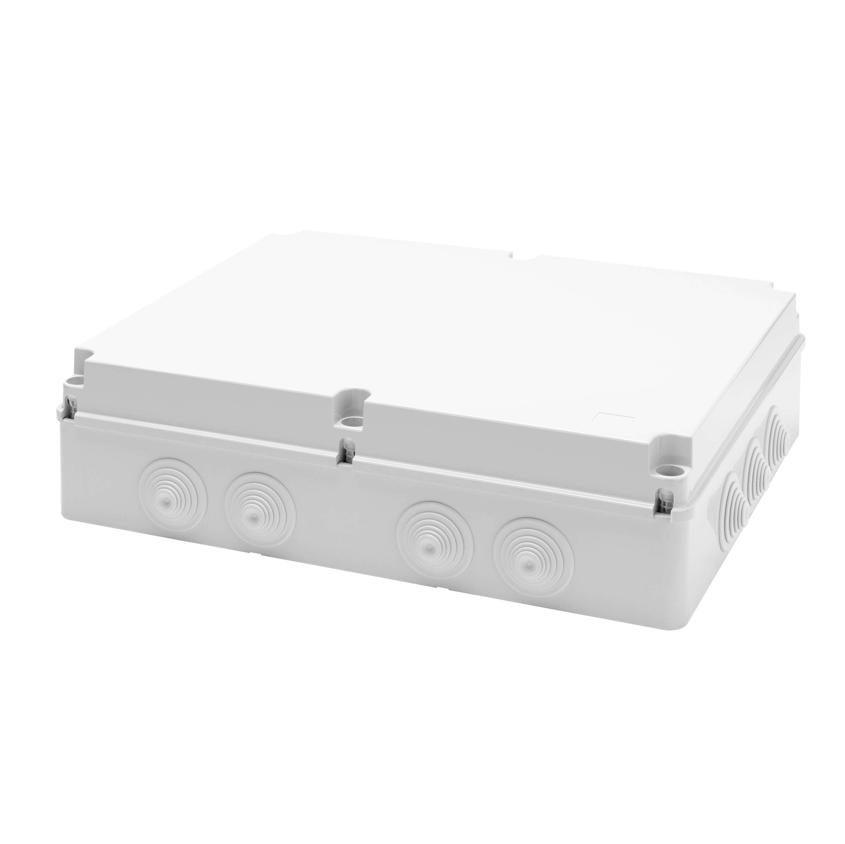 GEWISS JUNCTION BOX IP55 GW44011 – weatherproof junction box measuring 460x380x120 mm, featuring cable glands for organized cable entry. IP55-rated for dust and water resistance. Perfect for marine, industrial, and outdoor use. Strong, durable, and easy to install. Available at Rimal Marine.