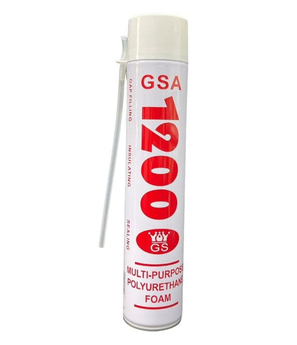 GSA 1200 PU Spray Foam 500 ml, single-component expanding polyurethane foam for sealing and insulating gaps. Moisture-curing, airtight and soundproof. Ideal for construction and marine use—windows, doors, pipes, cavities. Strong adhesion, easy spray nozzle application.

