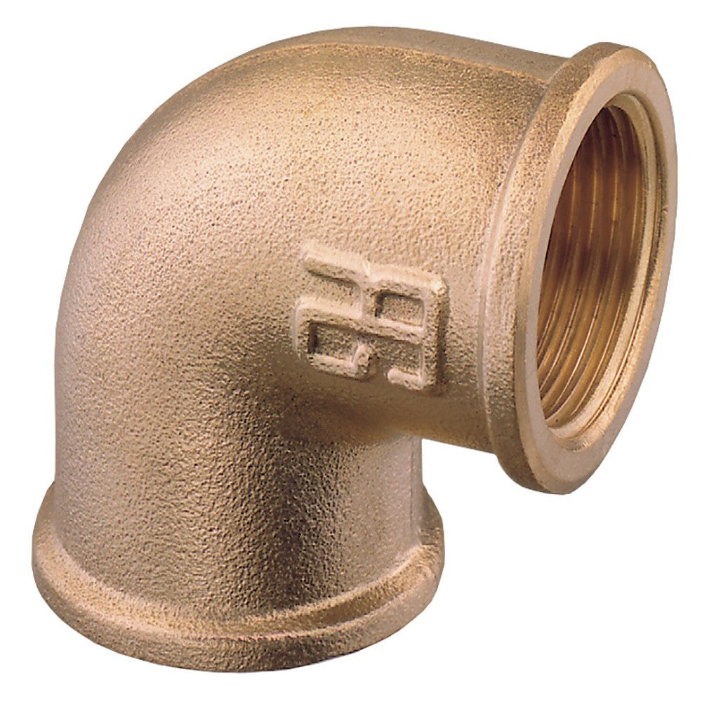 GUIDI brass 90-degree elbow fitting with female-to-female threads, designed for marine plumbing. Corrosion-resistant and ideal for saltwater use in water, fuel, and bilge systems. Provides a secure, leak-free 90° connection in tight spaces aboard boats and yachts.