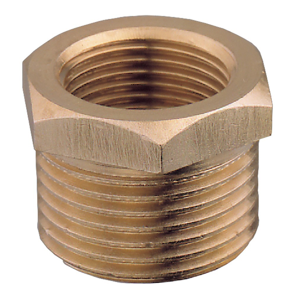 GUIDI brass bushing M-F reducer fitting with male-to-female threads. Used for connecting pipes or fittings of different sizes in marine systems. Made from corrosion-resistant brass for saltwater, fuel, or bilge use. Ideal for boats and yachts requiring durable, compact plumbing adapters.

