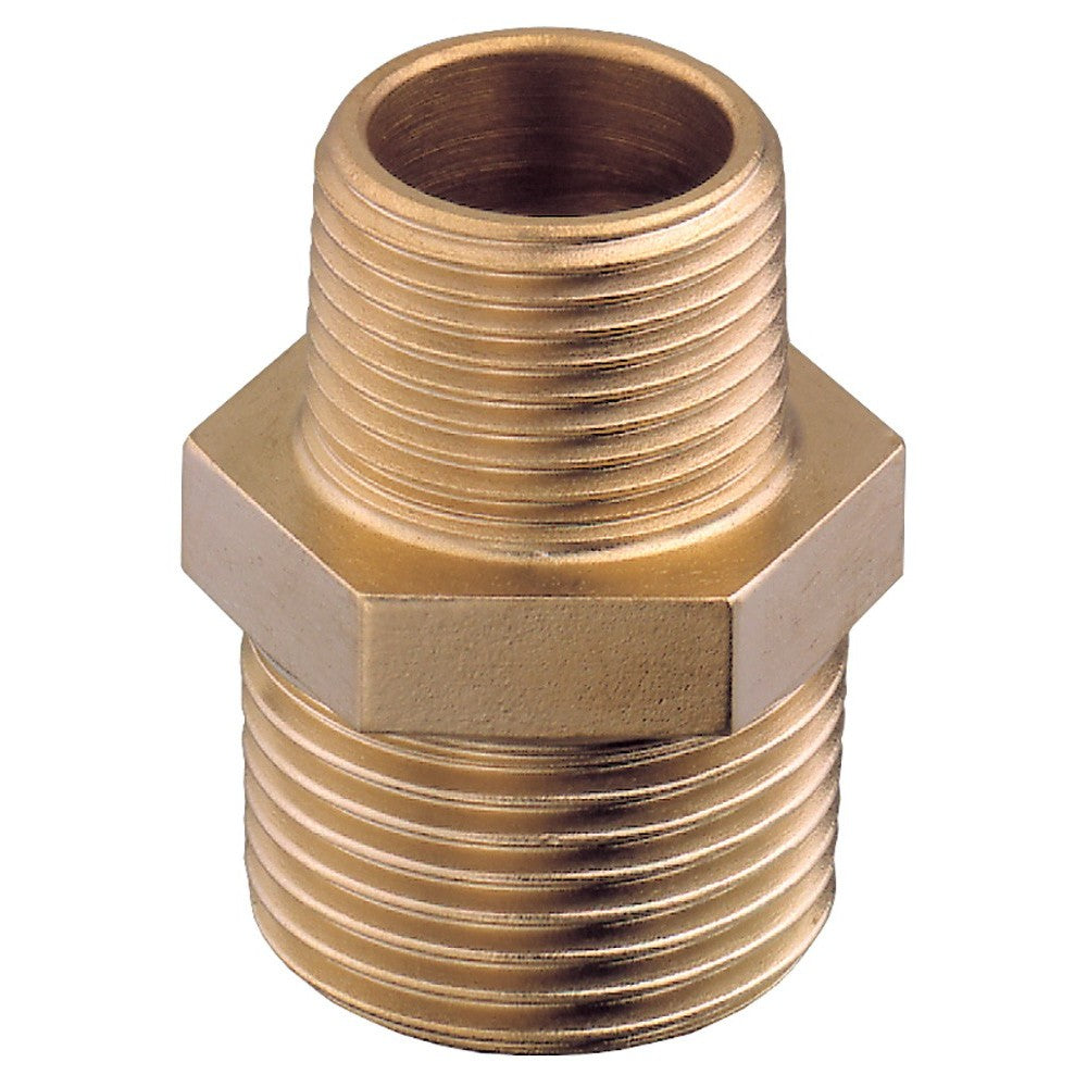 GUIDI brass reducing nipple male-to-male threaded adapter for connecting female fittings of different sizes. Constructed from durable, corrosion-resistant marine-grade brass suitable for saltwater conditions. Ideal for secure, leak-proof plumbing in water, fuel, and bilge systems on boats.