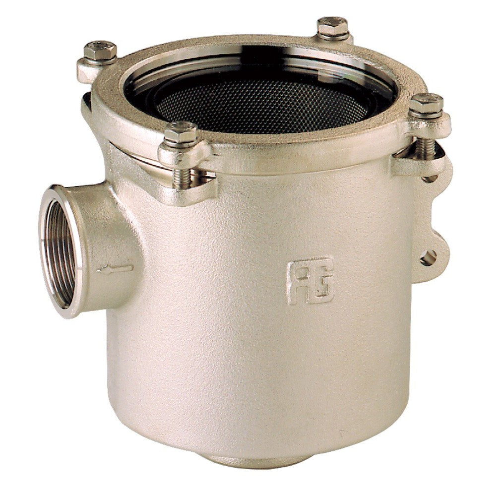 GUIDI water strainer bottom entry constructed from nickel-plated bronze with a clear polycarbonate top cover. Designed for marine applications to prevent debris ingress while enabling easy visual inspection. Corrosion-resistant and durable for harsh saltwater environments.


