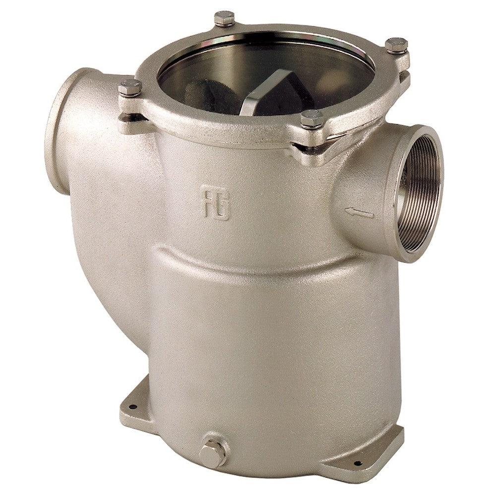 GUIDI nickel-plated bronze water strainer with side entry and clear polycarbonate cover. Designed for marine water systems, offering corrosion resistance and visual debris inspection. Suitable for fresh and saltwater applications, ensuring pump protection and easy maintenance.

