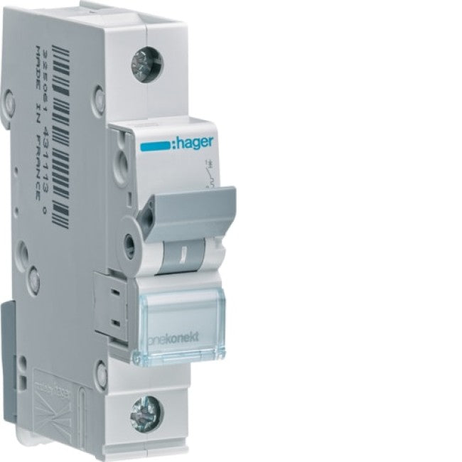 HAGER 1-pole miniature circuit breaker with 6kA breaking capacity, type C curve, rated 6A to 63A, 1-module size, ideal for protecting electrical circuits from overloads and short circuits in various applications. Provided by Rimal Marine.