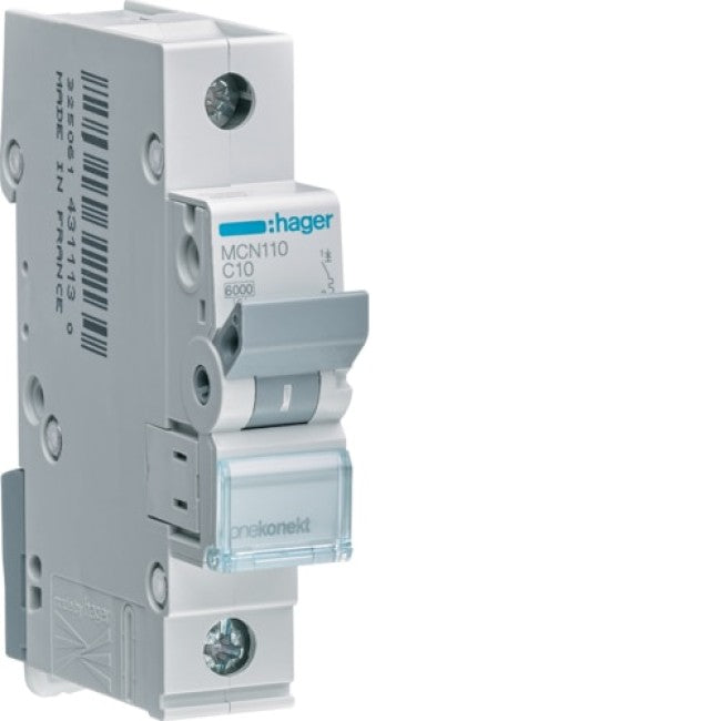 HAGER 1-pole miniature circuit breaker with 6kA breaking capacity, type C curve, rated 6A to 63A, 1-module size, ideal for protecting electrical circuits from overloads and short circuits in various applications. Provided by Rimal Marine.