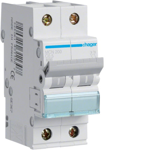 HAGER 2-pole MCB with 6kA breaking capacity, type C, rated 6-63A, 2-module width for effective protection against overloads and short circuits in electrical installations. Provided by Rimal Marine.

