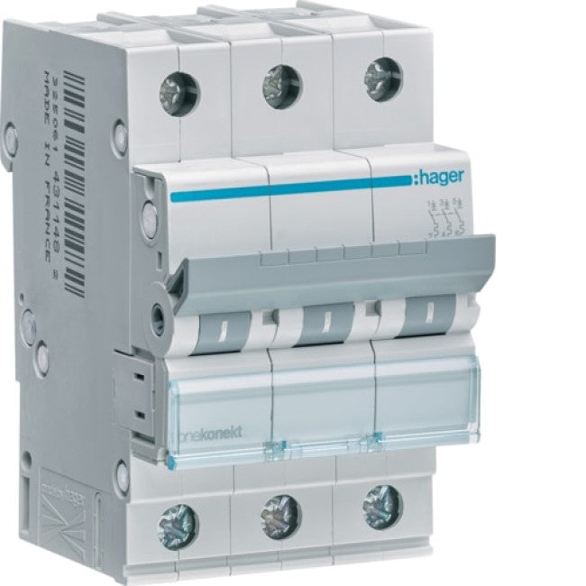 HAGER 3-pole MCB with 6kA breaking capacity, type C, rated 6-63A, 3-module width for circuit protection against overload and short circuits in residential and commercial electrical systems. Provided by Rimal Marine.