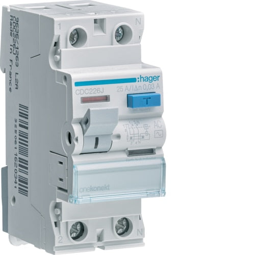 HAGER RCCB/ELCB 2-pole and 4-pole residual current device with 25-63A rating and 30mA sensitivity, AC type Class CDC. Ensures electrical safety by detecting leakage currents in residential, commercial, and industrial installations. Provided by Rimal Marine.