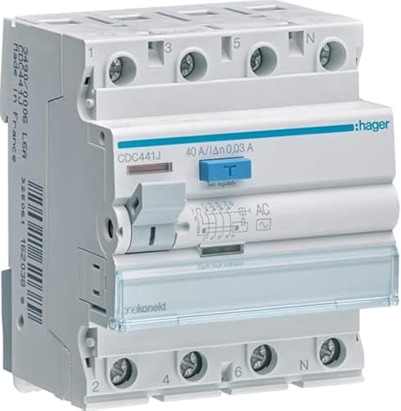 HAGER RCCB/ELCB 2-pole and 4-pole residual current device with 25-63A rating and 30mA sensitivity, AC type Class CDC. Ensures electrical safety by detecting leakage currents in residential, commercial, and industrial installations. Provided by Rimal Marine.