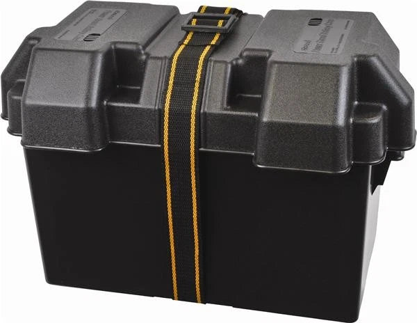 Rugged marine battery box designed for Group 24–31 batteries. Features acid-resistant, waterproof construction with UV protection,