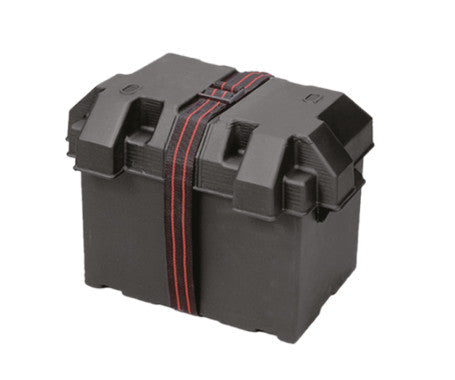 Rugged marine battery box designed for Group 24–31 batteries. Features acid-resistant, waterproof construction with UV protection,