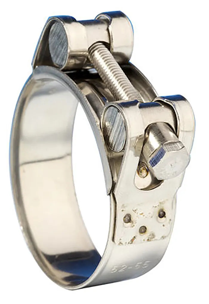 Heavy-Duty Hose Clamp Size Chart for AISI 316 stainless steel clamps. Includes SAE sizes, diameter ranges in mm and inches, and typical applications. Designed for marine, plumbing, and industrial use in corrosive or high-vibration environments.