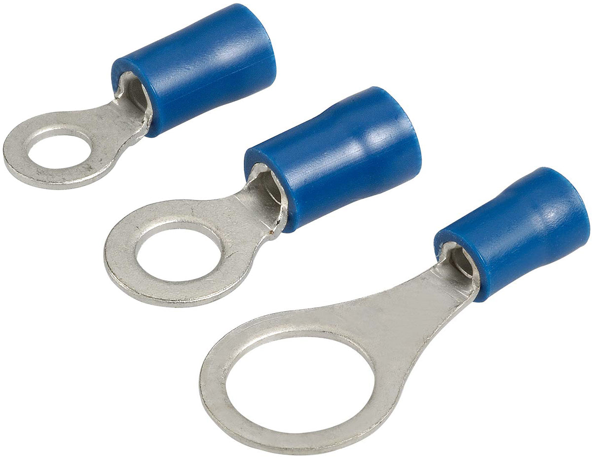 Color-coded insulated ring terminals for electrical wire sizes 0.5–6mm² in red, blue, and yellow. Designed for strong, secure crimp connections in marine, automotive, and industrial applications. Easy to use and corrosion-resistant. Supplied by Rimal Marine.

