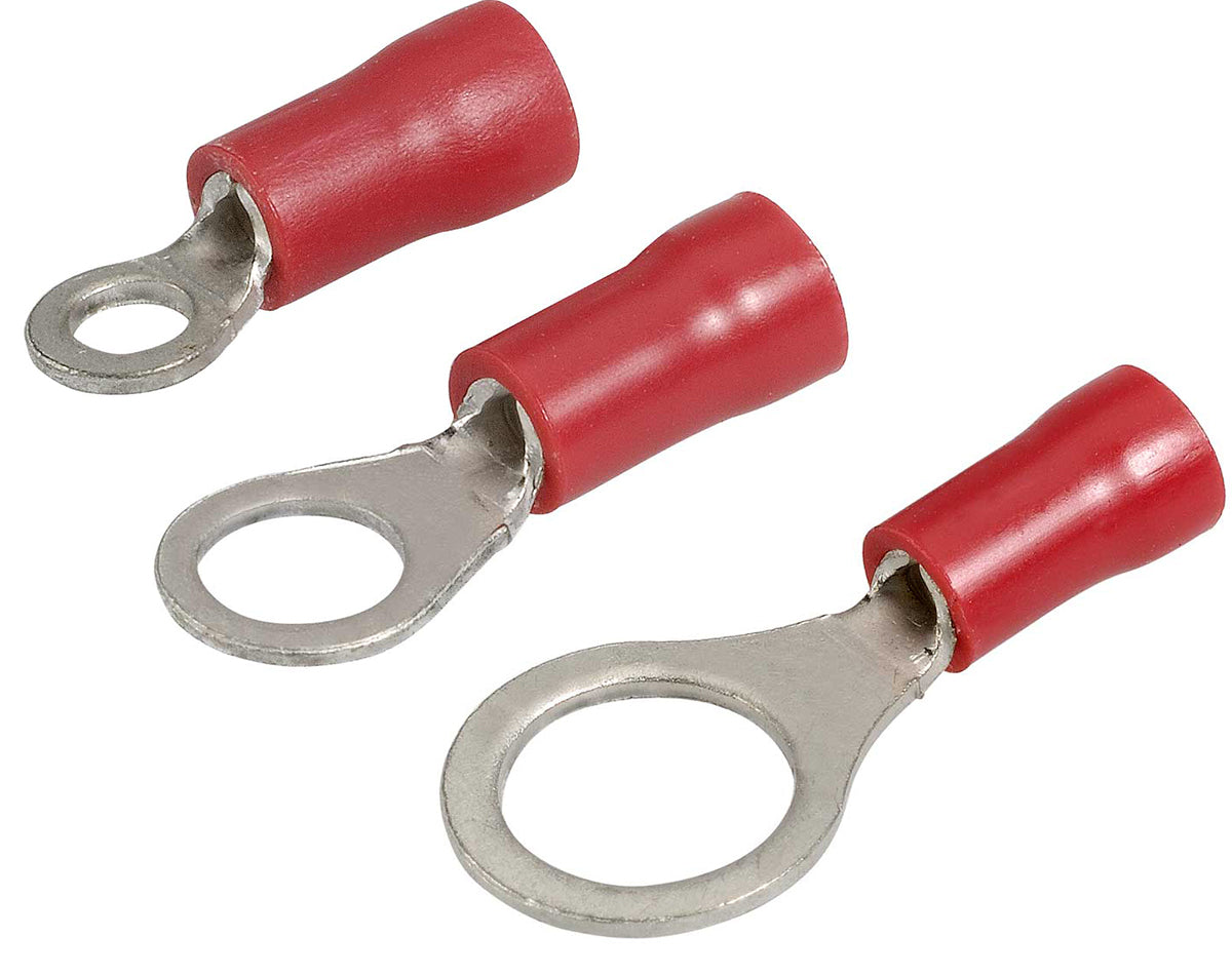 Color-coded insulated ring terminals for electrical wire sizes 0.5–6mm² in red, blue, and yellow. Designed for strong, secure crimp connections in marine, automotive, and industrial applications. Easy to use and corrosion-resistant. Supplied by Rimal Marine.