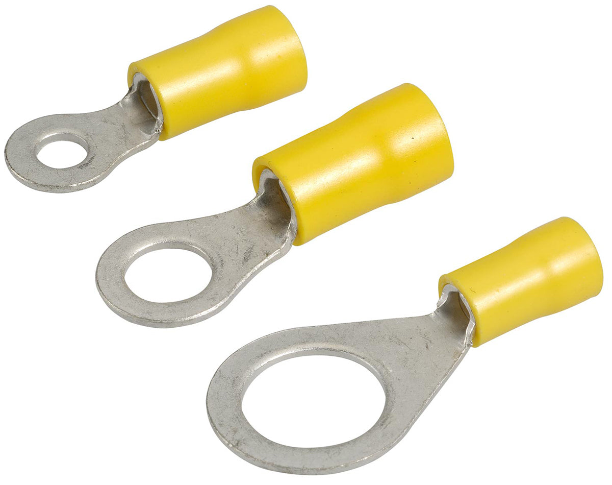Color-coded insulated ring terminals for electrical wire sizes 0.5–6mm² in red, blue, and yellow. Designed for strong, secure crimp connections in marine, automotive, and industrial applications. Easy to use and corrosion-resistant. Supplied by Rimal Marine.


