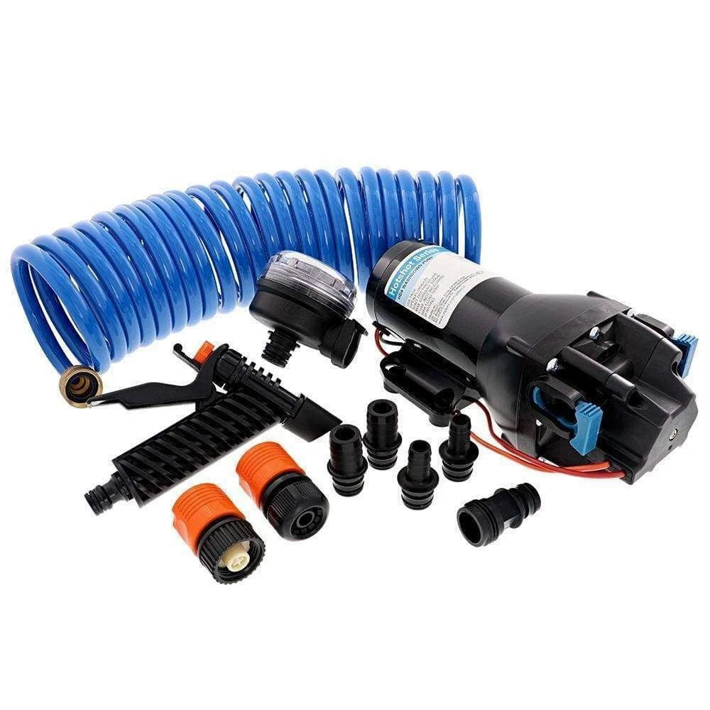 JABSCO Hotshot HD4 Washdown Pump Kit with 12V operation, 4 GPM flow, and 60 PSI pressure. Includes 25' deluxe HoseCoil, quick-connect spray nozzle, and fittings. Perfect for marine deck cleaning, fishing boats, and cockpit washdowns—durable and efficient.