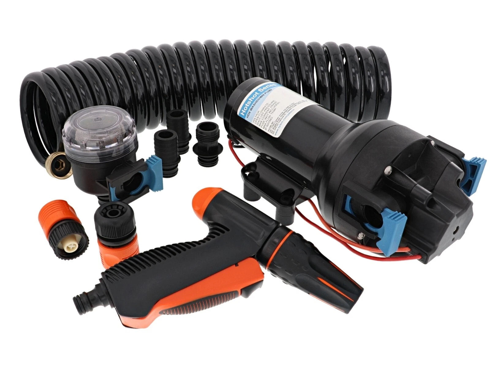 JABSCO Hotshot HD6 12V Washdown Pump Kit with 6 GPM flow and 70 PSI pressure. Includes 25-foot deluxe HoseCoil, trigger nozzle, and quick-connect fittings. Designed for marine washdown applications—reliable, powerful, and corrosion-resistant system.